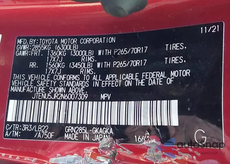 2022 Toyota 4Runner Sr5 Premium from USA, damaged, VIN JTENU5JR2N6007309